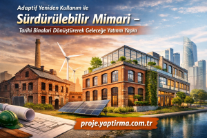 Banner promoting adaptive reuse for sustainable architecture; historic brick buildings renovated into a modern eco-friendly complex with wind turbines and solar panels. URL: proje.yaptirma.com.tr