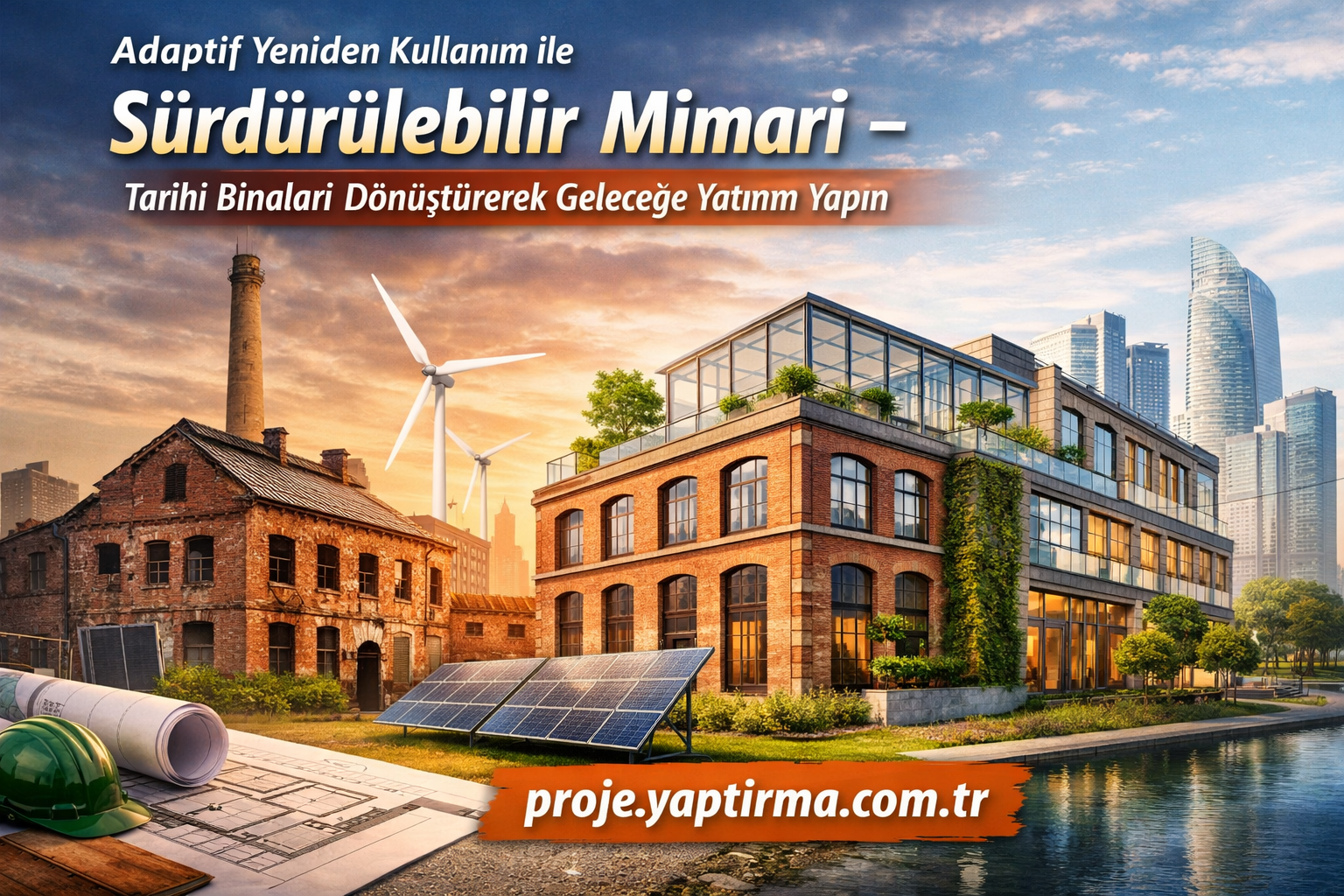 Banner promoting adaptive reuse for sustainable architecture; historic brick buildings renovated into a modern eco-friendly complex with wind turbines and solar panels. URL: proje.yaptirma.com.tr