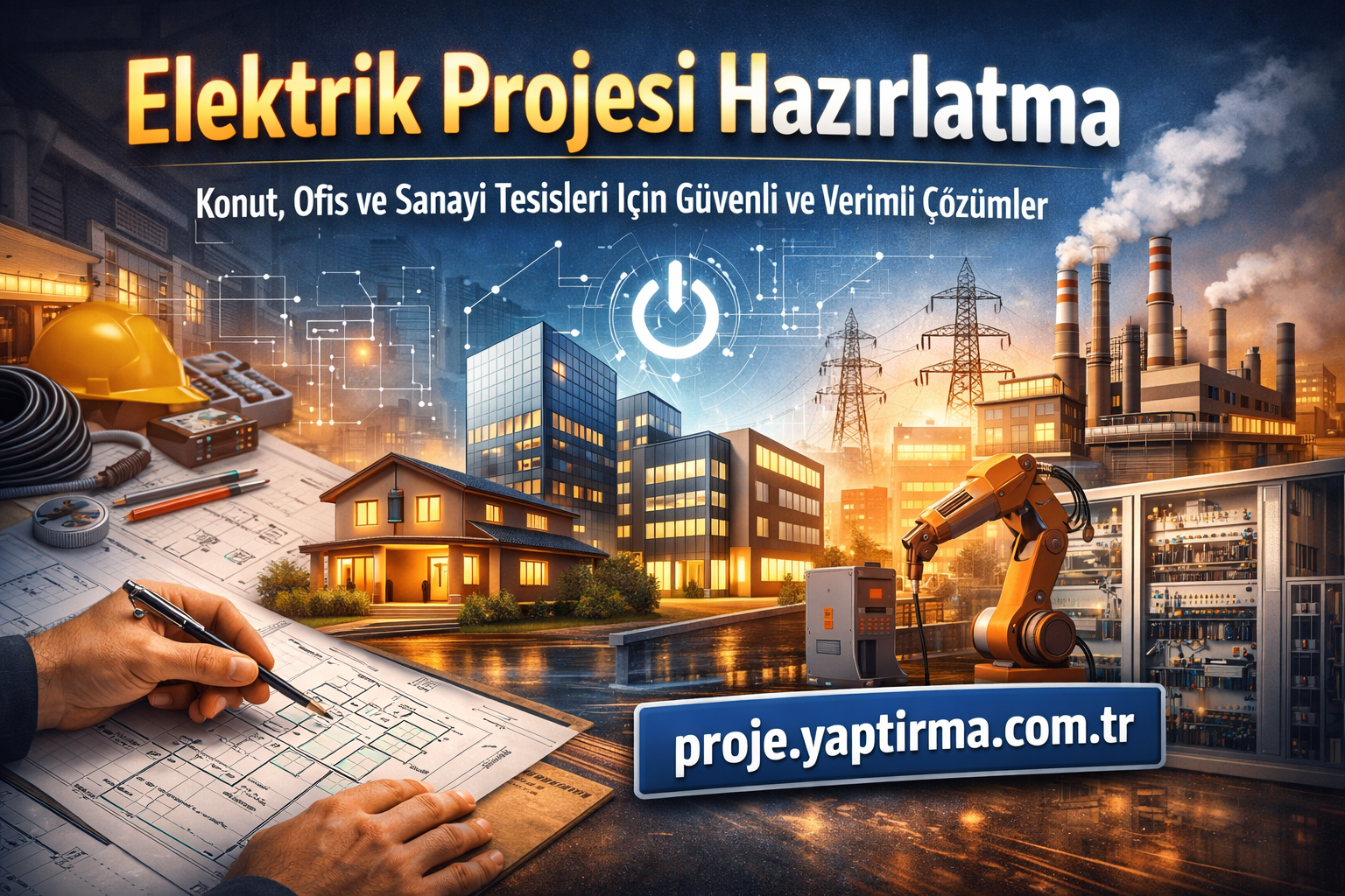 Promotional banner for electrical project preparation services showing blueprints, construction, and industrial imagery with a website link (proje.yaptirma.com.tr).