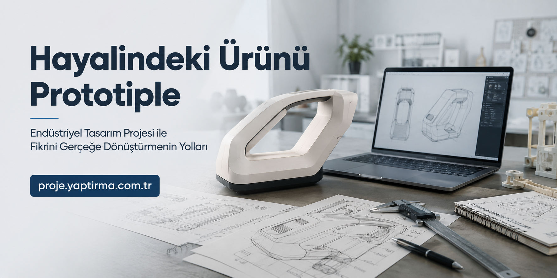 Ürün prototipleme üzerine reklam bannerı; büyük Türkçe başlık, CAD tasarımları gösterilen dizüstü bilgisayar ve çalışma masasıyla tasarım süreci mesajı verir.