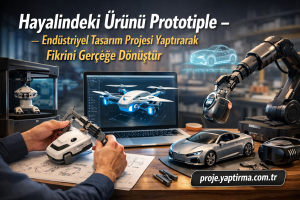 Endüstriyel tasarım atölyesinde bilgisayarda 3D otomobil prototipi üzerinde çalışan bir ekip ve robot kolu görünüyor.