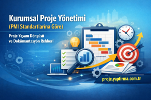 Turkish banner for Corporate Project Management (PMI standards) with charts, clipboard, and target imagery; promotes proje.yaptirma.com.tr