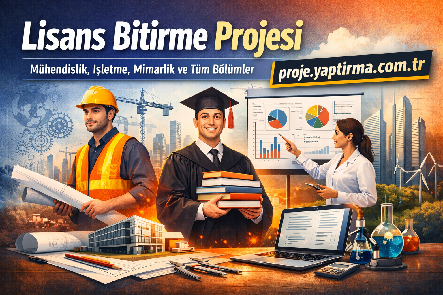 Lisans Bitirme Projesi Senior Project Hazırlatma - Proje Yaptırma & Danışmanlık Merkezi Graduate in a cap holding books stands with a construction worker and a presenter showing charts against a cityscape backdrop.