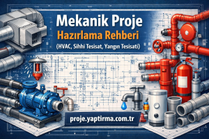 Banner advertising a mechanical project preparation guide with blueprints and industrial equipment (pipes, pumps, valves) and Turkish title text visible.